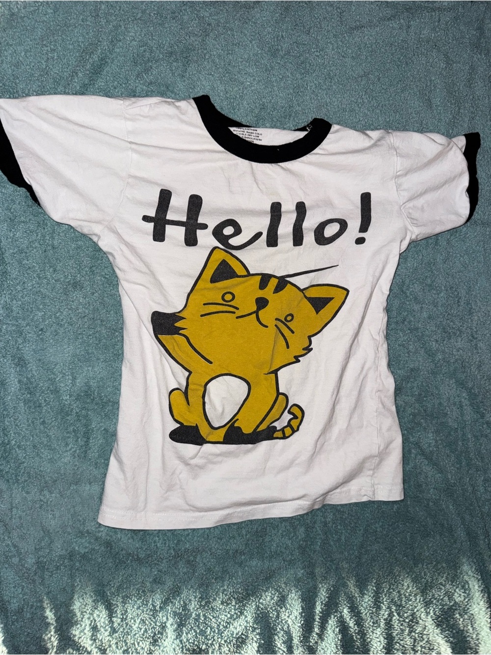 On Fire White Ringer Tee‎ with Yellow Cat Graphic